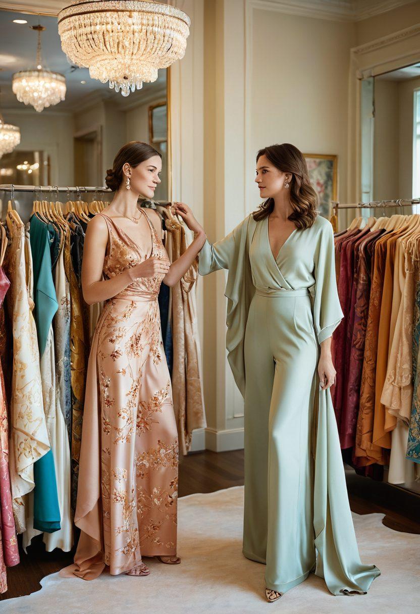 A stylish woman standing in an upscale boutique, showcasing elegant outfits with flowing fabrics and sparkling accessories. Soft, natural light illuminating her and a mirror reflecting her pose, surrounded by luxurious clothing racks laden with exquisite garments. Add a touch of sophistication with elegant shoe displays and delicate jewelry hanging elegantly in the background. super-realistic. vibrant colors. airy atmosphere.