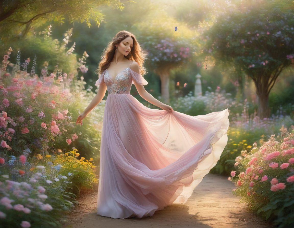 A graceful woman standing in an enchanting garden, surrounded by vibrant flowers and soft, glowing light. She exudes elegance, wearing a flowing gown that dances with the breeze, reflecting inner beauty and charm. Delicate butterflies flutter around her, symbolizing transformation and allure. The atmosphere is serene and dreamy, inviting the viewer to embrace their true self. soft pastel colors. ethereal lighting. painting.